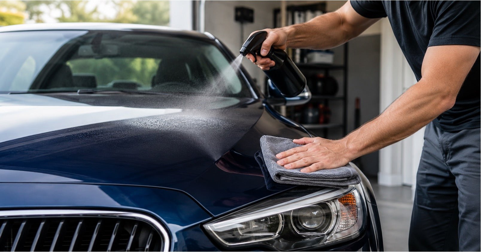 A person using a car detail spray to clean the hood of a car