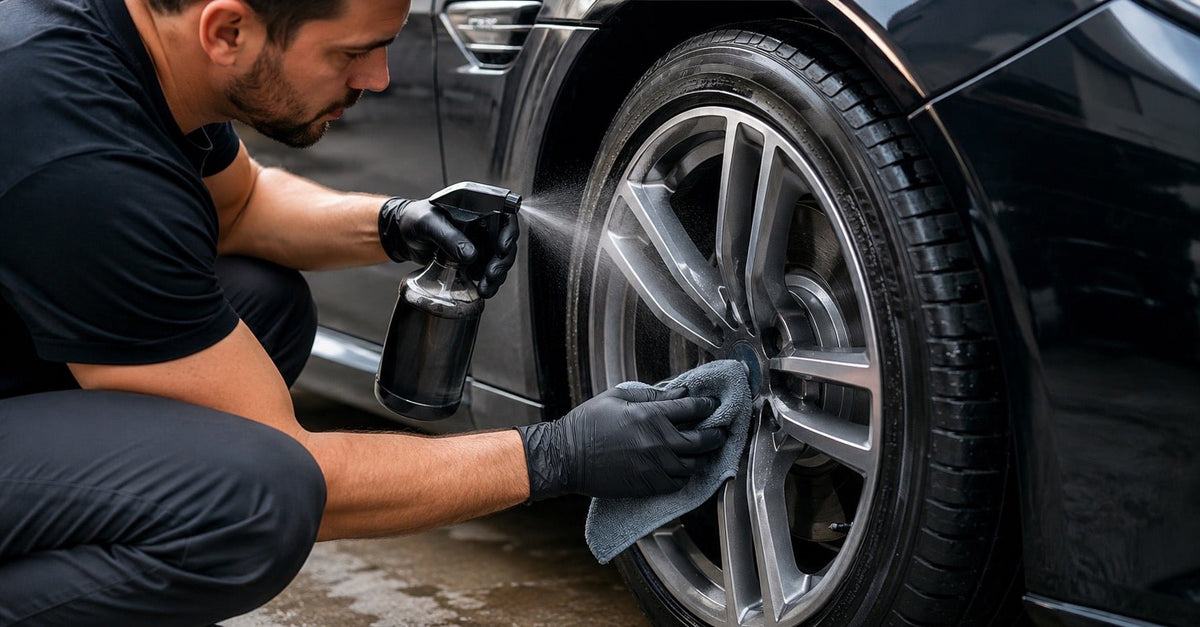 A person using a car detail spray to clean the rims of a vehicle