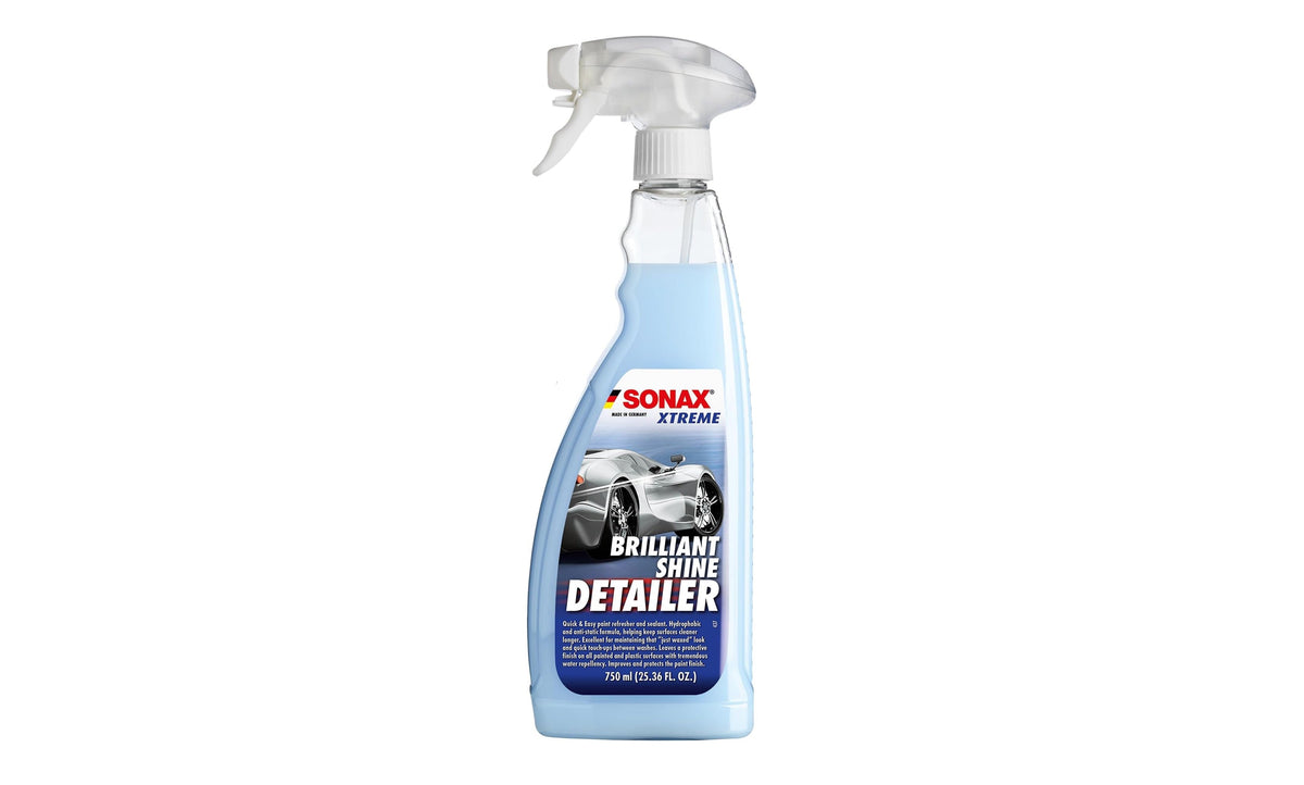 Sonax Xtreme Brilliant Shine Detailer spray bottle with blue formula and silver labeling. (Image source: Sonax)