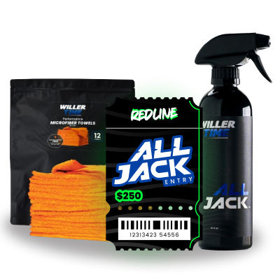 A product bundle featuring a black pouch of Willer microfiber towels, a black spray bottle of Willer Time All Jack cleaner, and a custom printed black and green entry card with a barcode and '$50' printed on it.