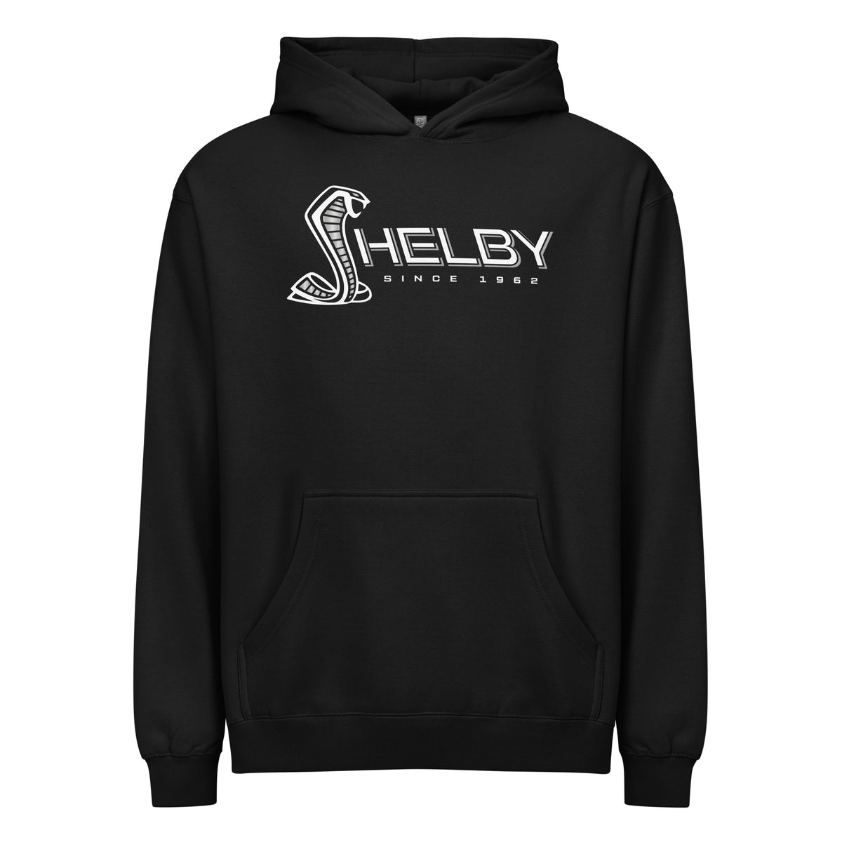 Black box-fit hoodie with white Shelby cobra logo across the chest — front view