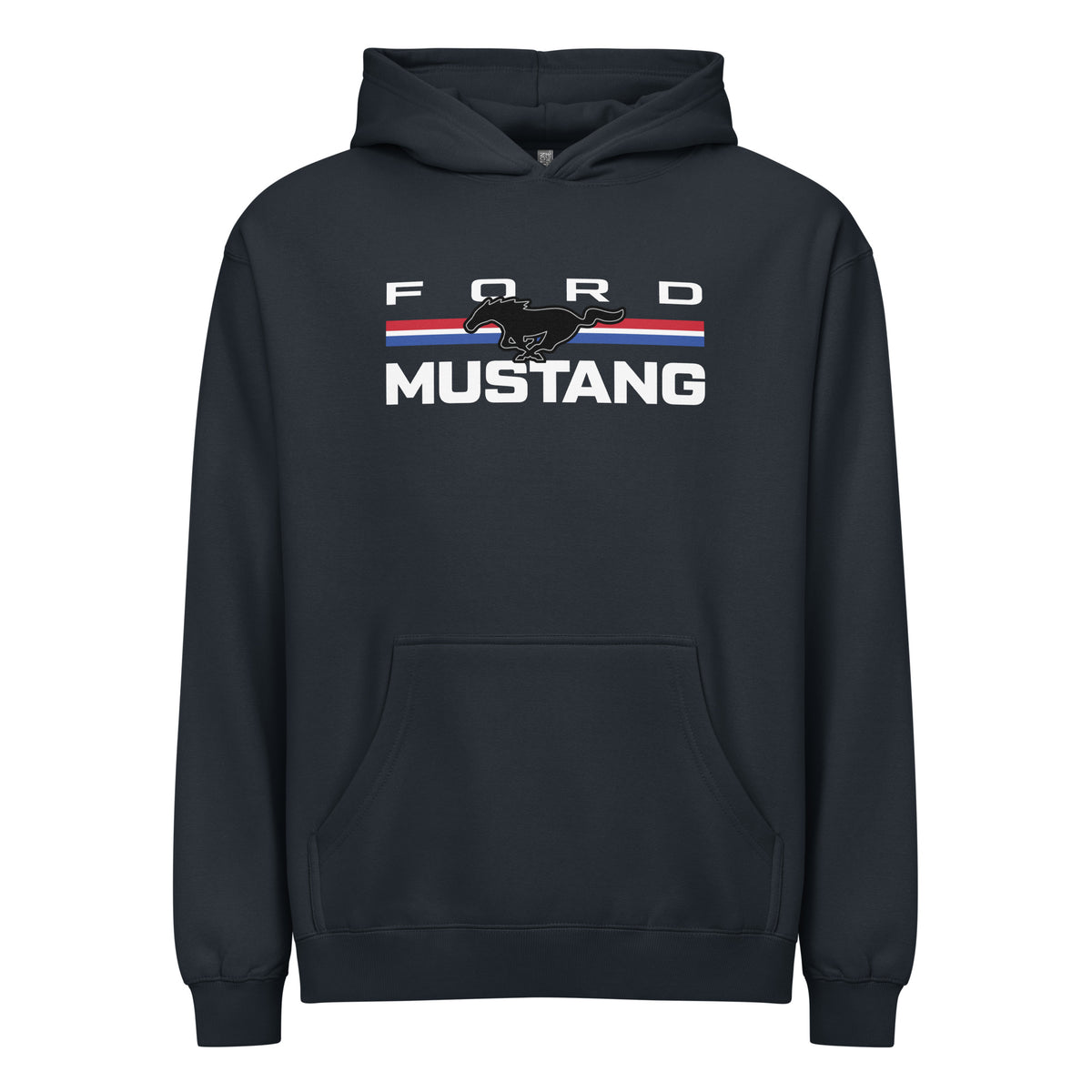 Navy box-fit hoodie with Ford Mustang running pony and red, white and blue tri-bar graphic — front view