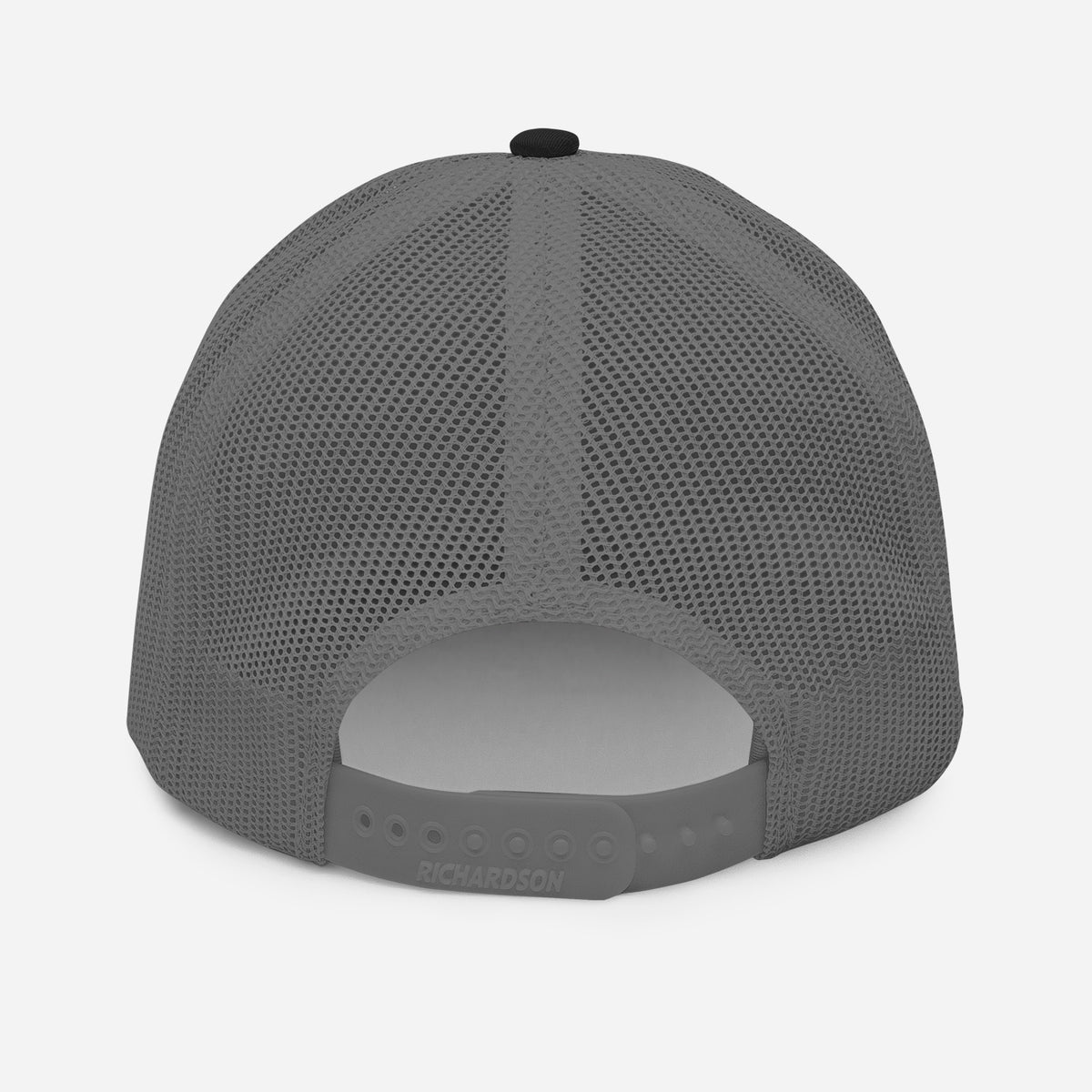 Black and charcoal trucker cap with mesh back — back view