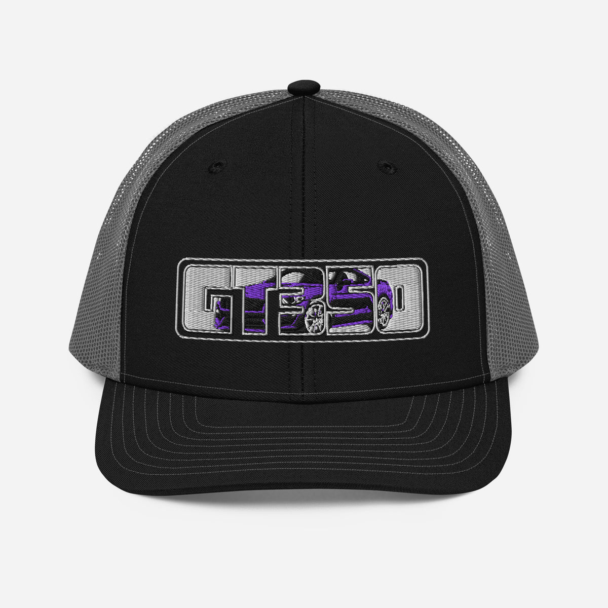 Black and charcoal trucker cap with embroidered purple GT350 patch — front view