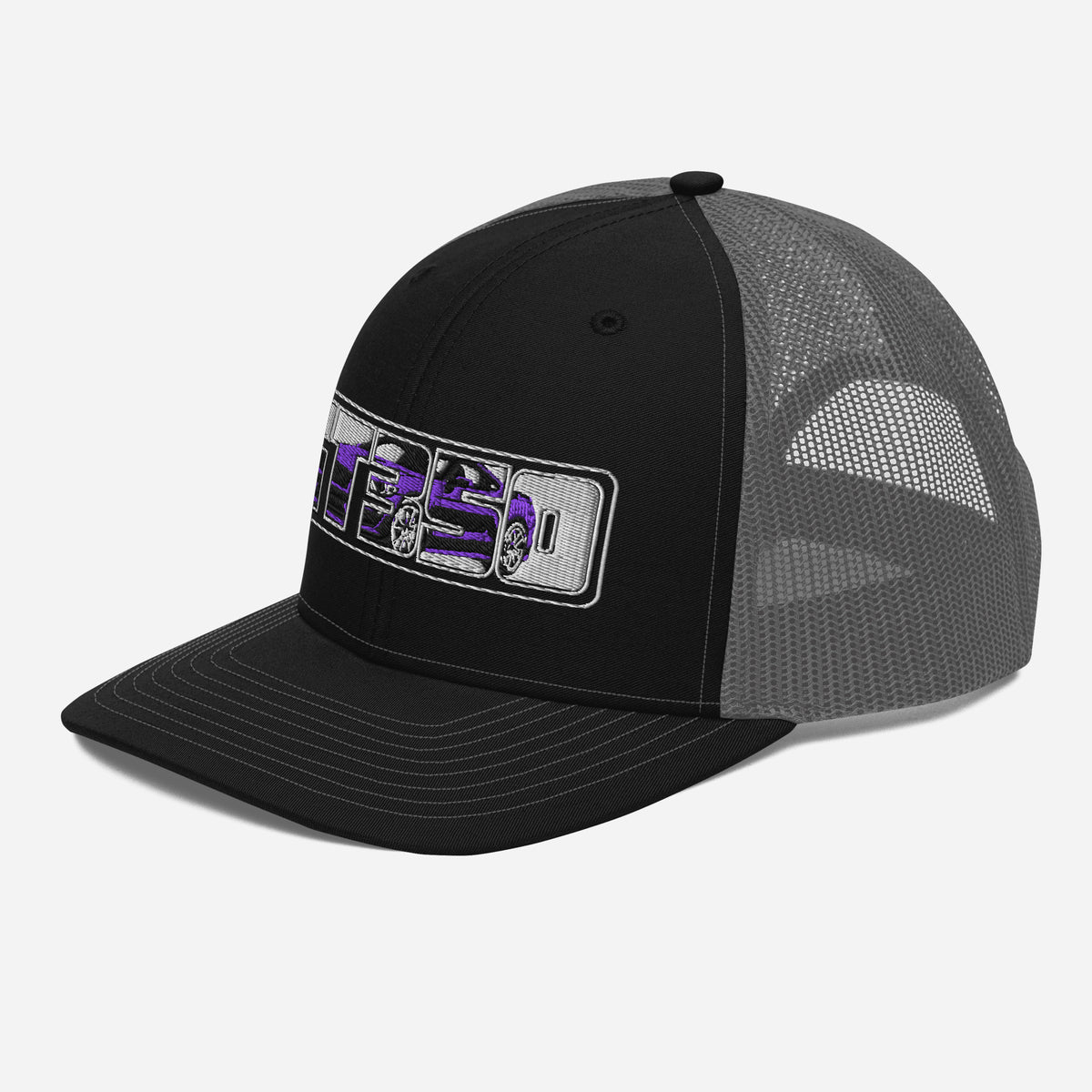 Black and charcoal GT350 trucker cap — left front angle