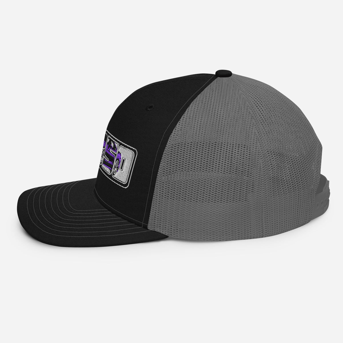 Black and charcoal GT350 trucker cap — left side view