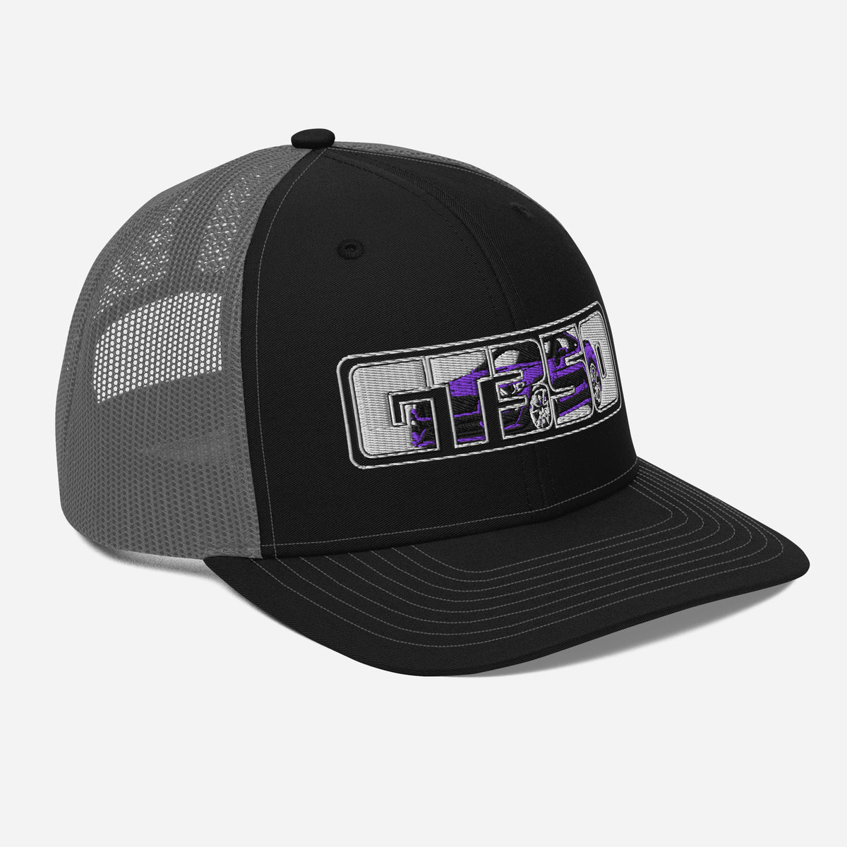 Black and charcoal GT350 trucker cap — right front angle