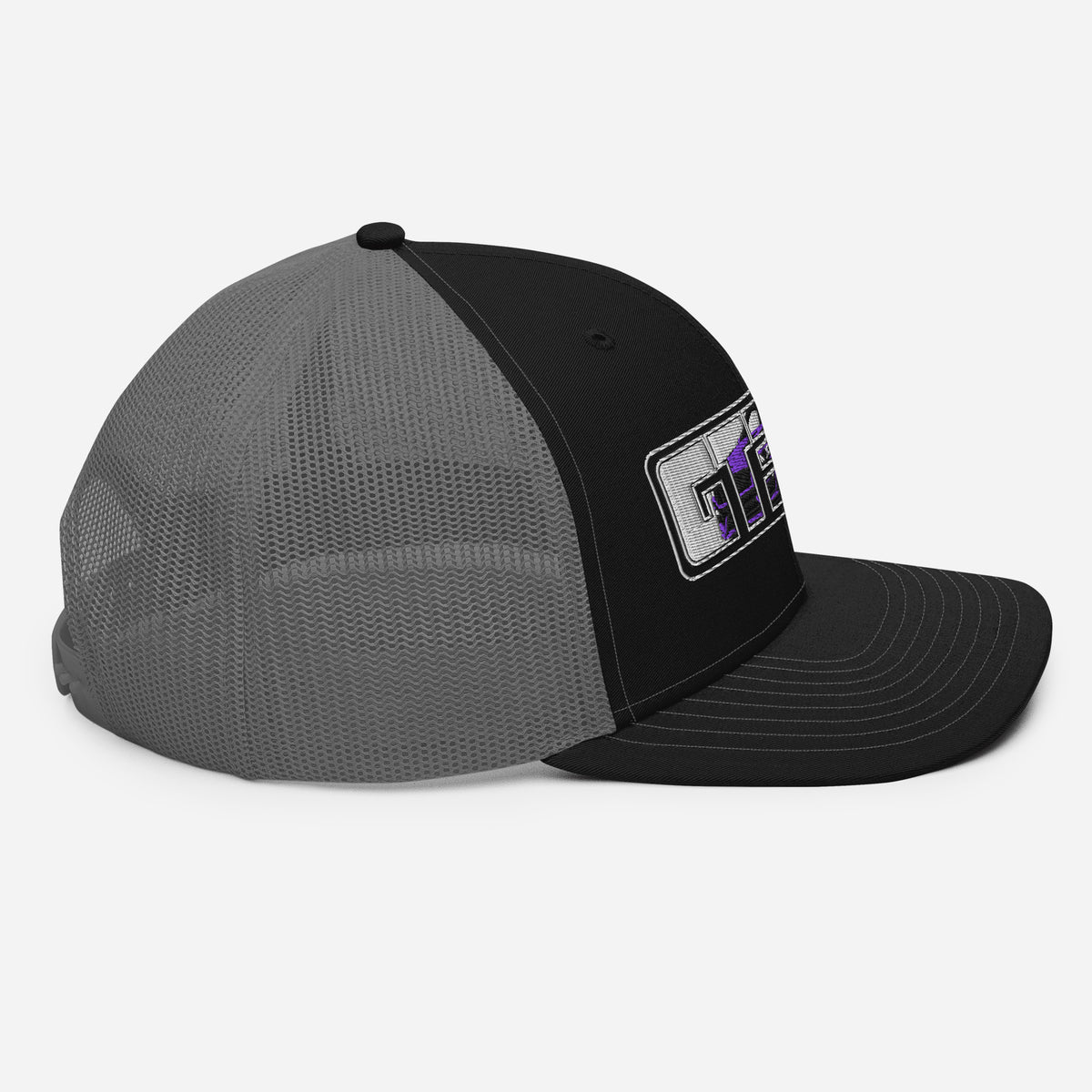 Black and charcoal GT350 trucker cap — right side view