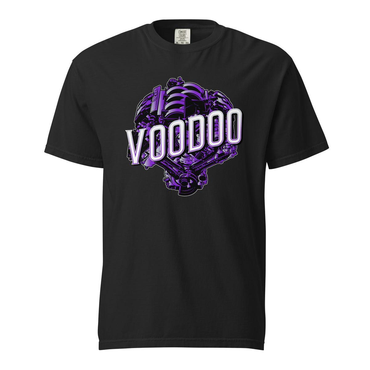Black heavyweight t-shirt with purple Voodoo V8 engine graphic and VOODOO lettering — front view
