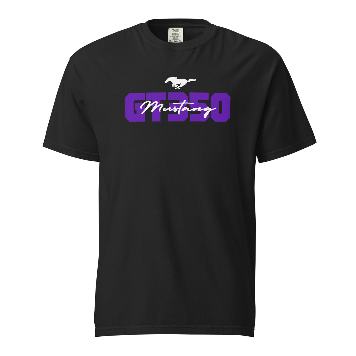 Black heavyweight t-shirt with purple GT350 lettering, running pony emblem and Mustang script — front view