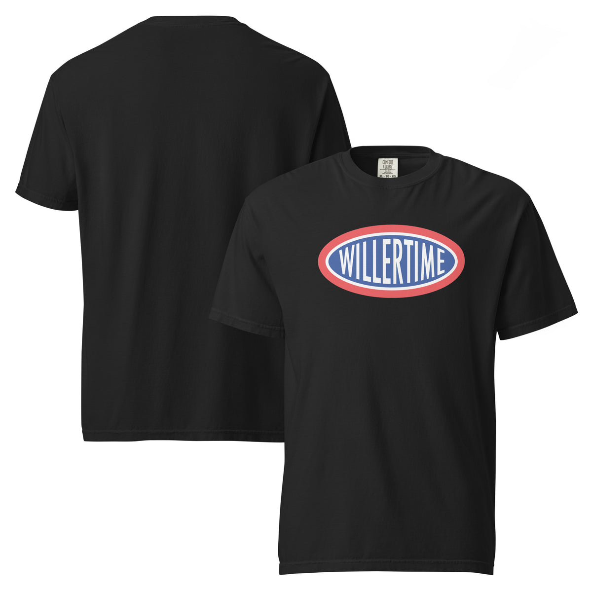 Black heavyweight t-shirt with red, white and blue WillerTime oval logo — front and back view