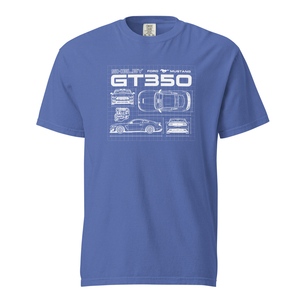 Mystic blue heavyweight t-shirt with white Shelby GT350 blueprint schematic graphic — front view