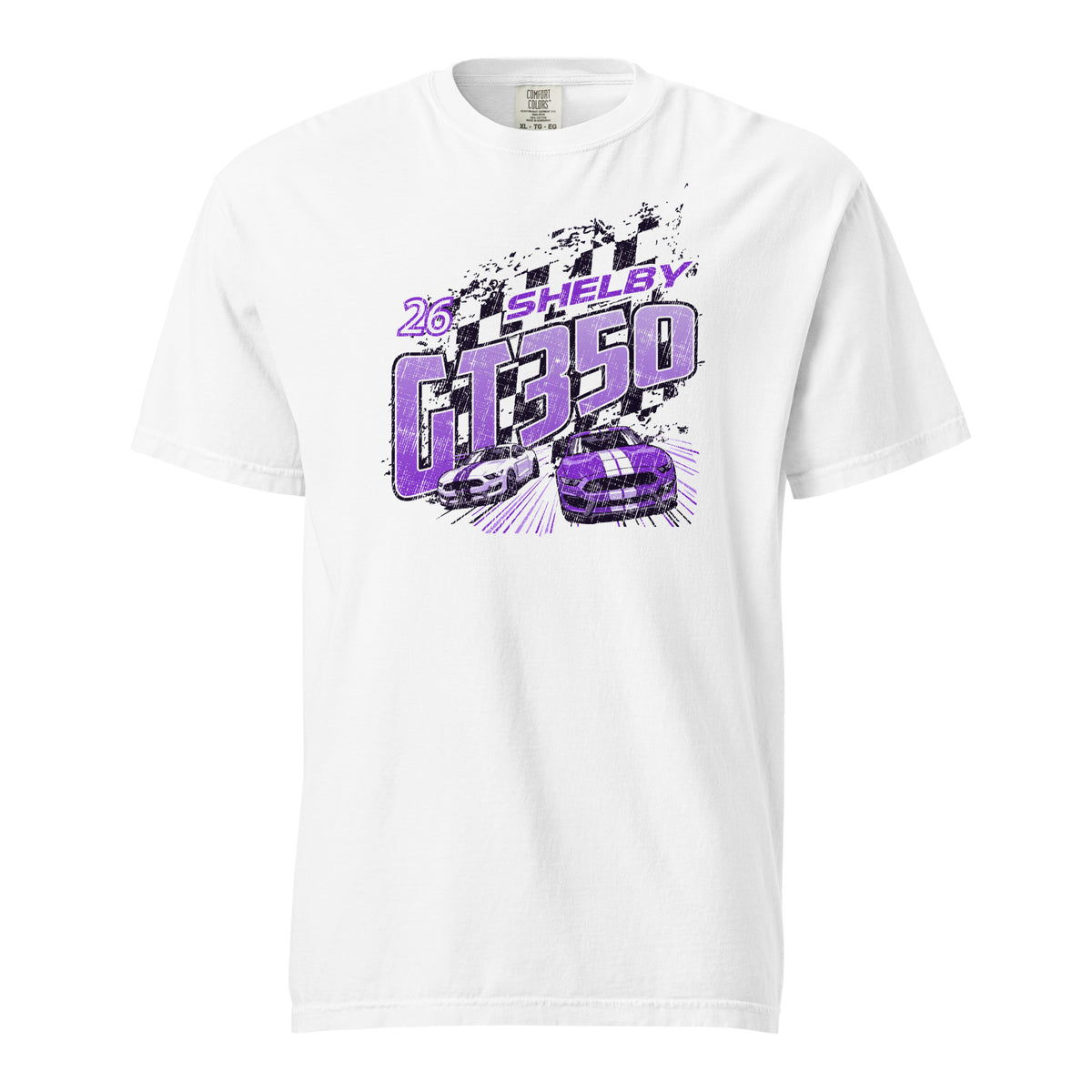 White heavyweight t-shirt with purple Shelby GT350 checkered-flag race graphic — front view
