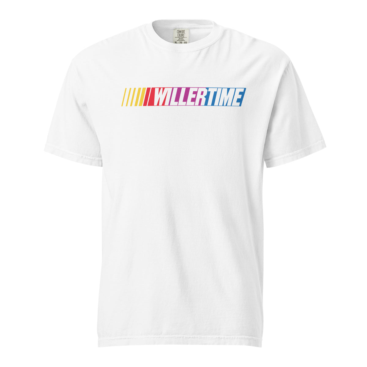 White heavyweight t-shirt with yellow, red and blue racing-stripe WillerTime logo — front view