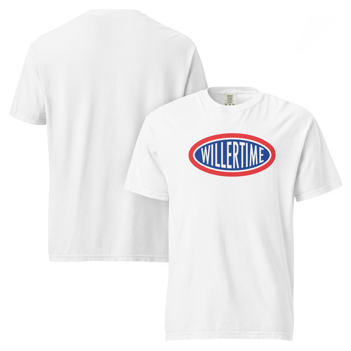 White heavyweight t-shirt with red, white and blue WillerTime oval logo — front and back view