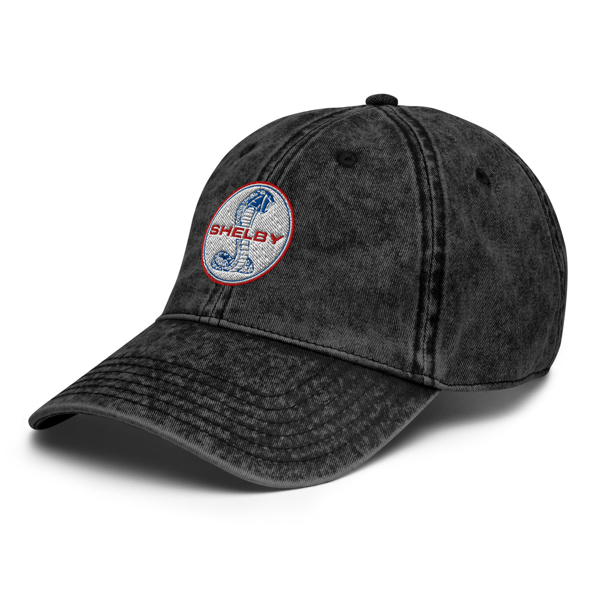 Washed black Shelby cobra dad cap — left front angle
