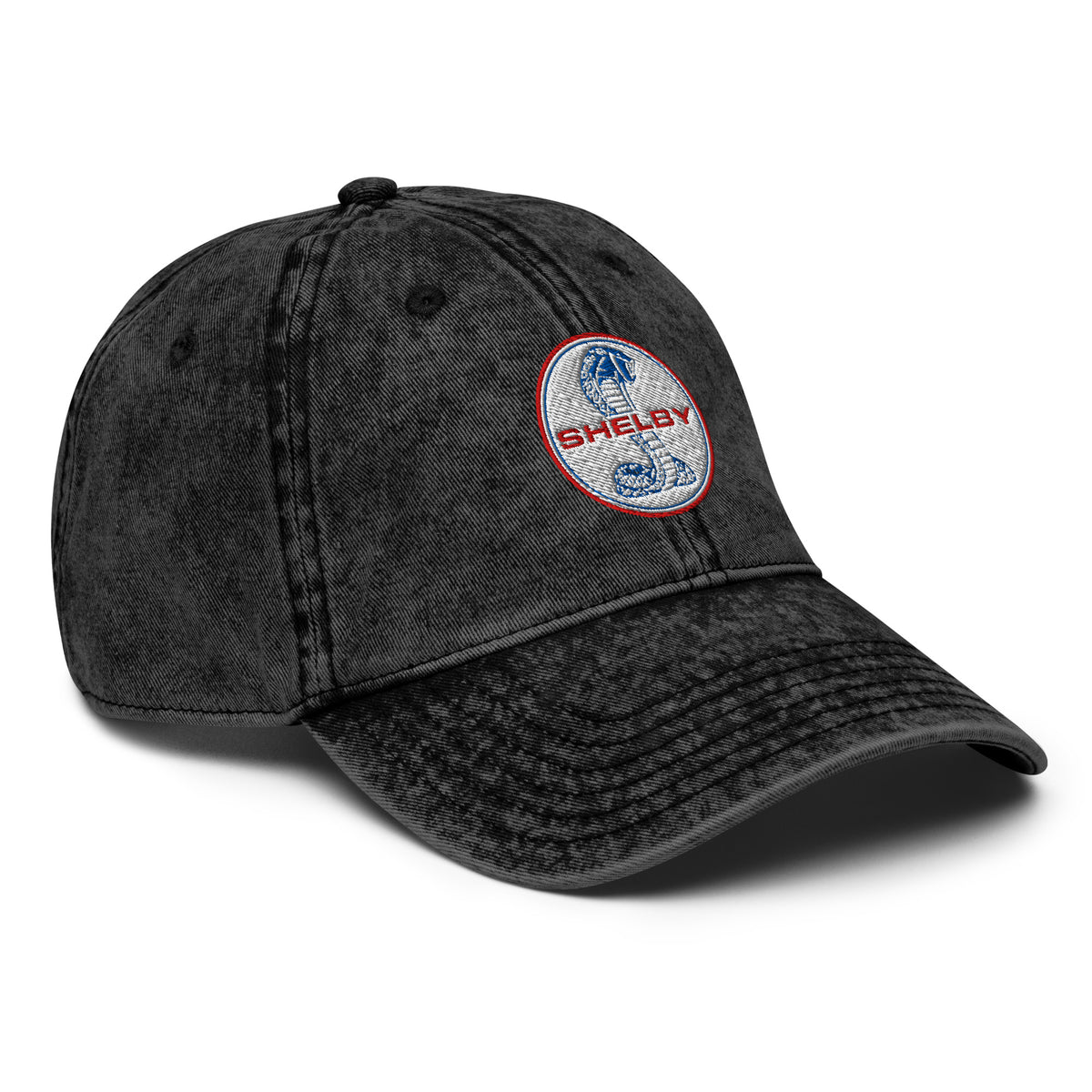 Washed black Shelby cobra dad cap — right front angle